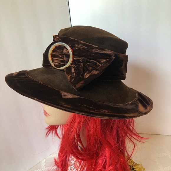 Vintage 1976-1995 Slouch Lamp Hat Brown Crused Velvet and Felt - Picture 2 of 9